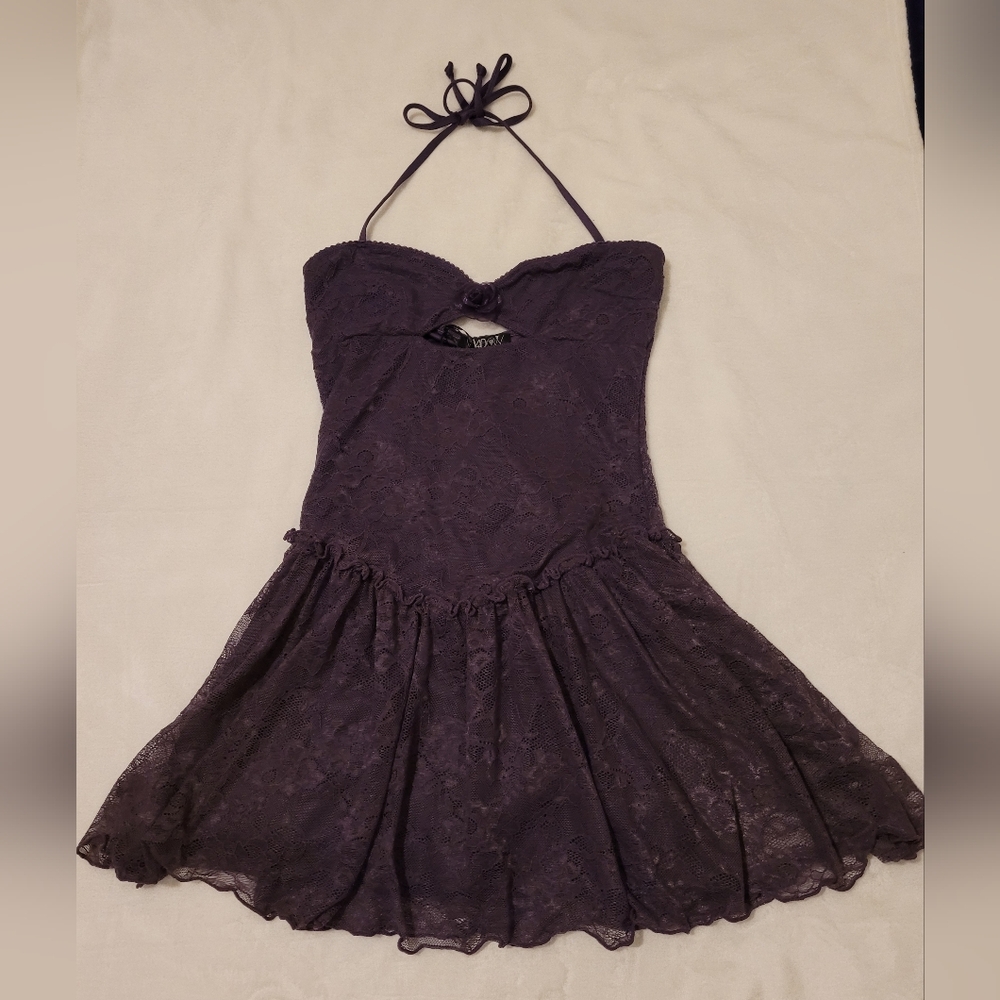 Widow Dolls Kill Gothic Purple Lace Halter Dress W Arm Sleeves